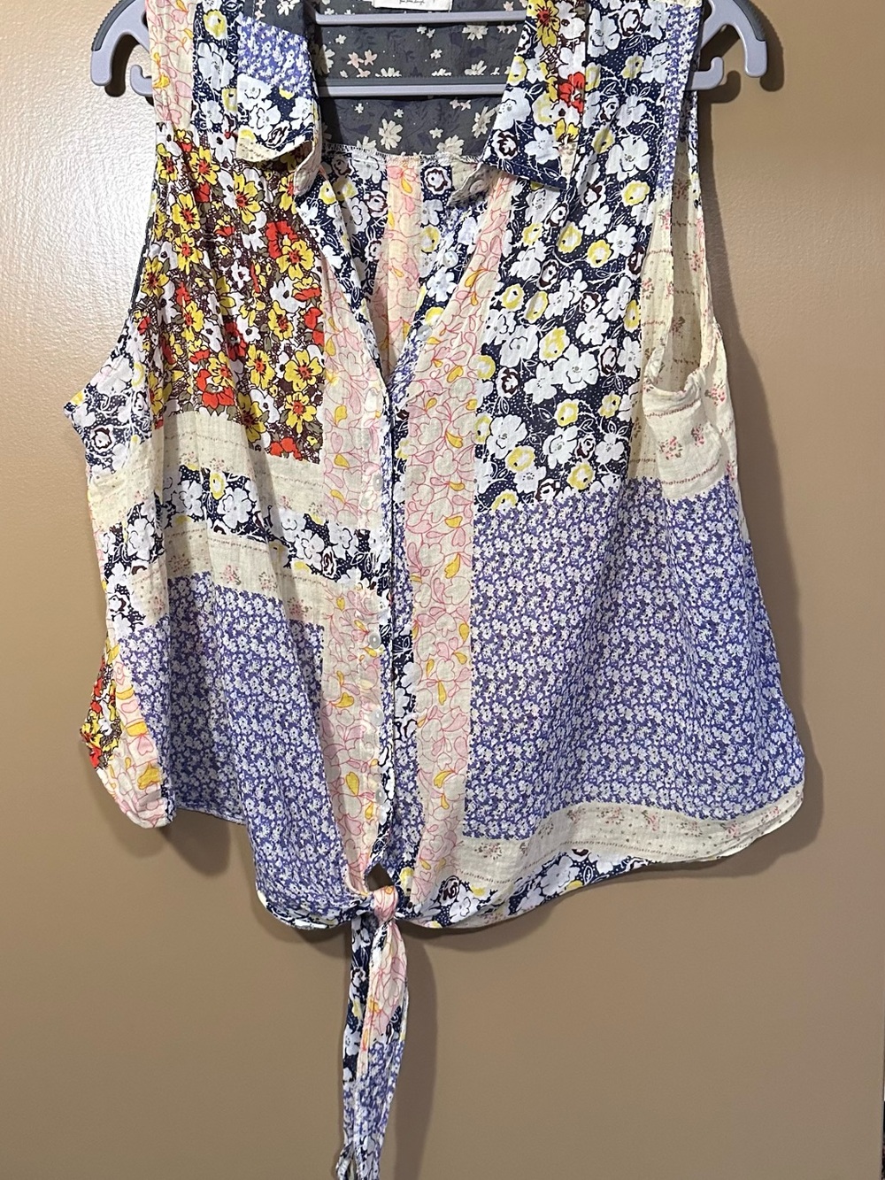 NATURAL LIFE Floral Patchwork Tie-Front - Blue, Pink, Yellow, Cream